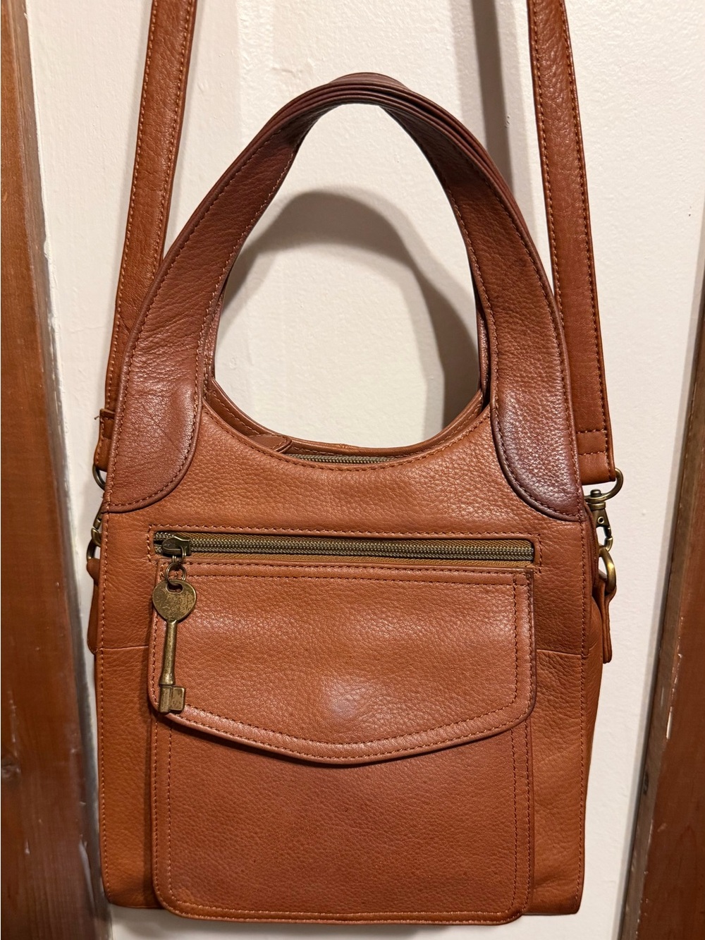 Vintage Fossil 1954 Cognac Brown Leather Satchel Crossbody Bag Key Charm